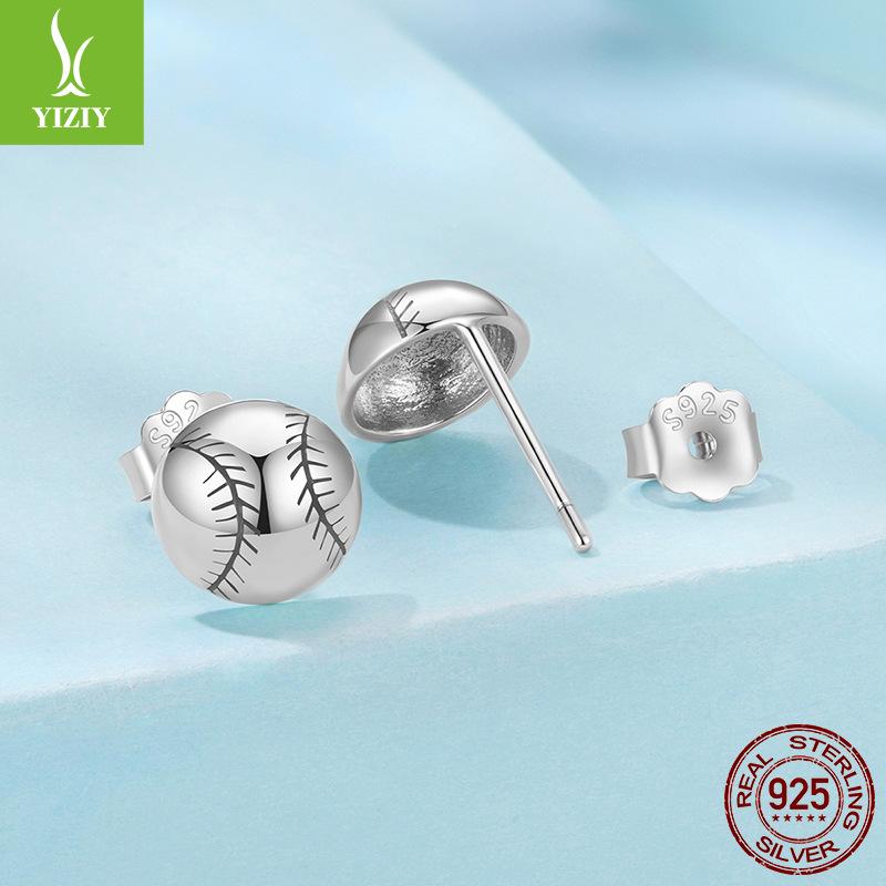 S925 Sterling Silver Baseball Stud Earrings For Men And Women, Personalized Boyfriend Style Niche Ball Stud Earrings