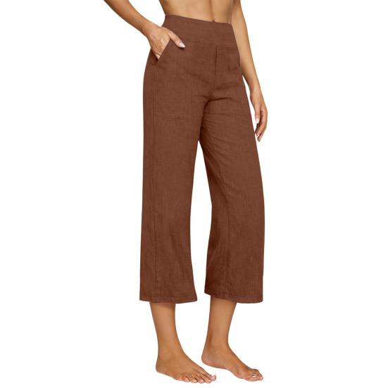 Women Cropped Pants High Waisted Straight Wide Leg Casual Pants with Pockets Loose Fit Vacation Office Trousers