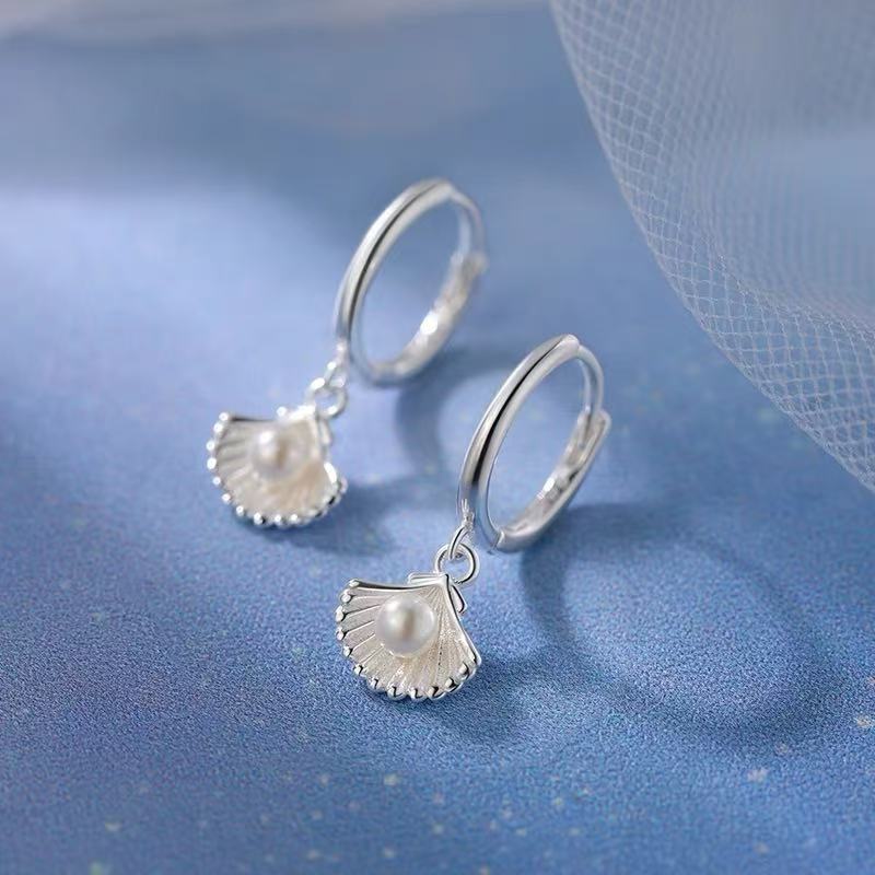 Silver Pearl Shell Pendant Hoop Earrings For Women Cute Animal Fine Jewelry Light Luxury Accessories In Summer