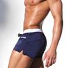 2023 Men's High-Waisted Square Leg Swim Trunks - European & American Fashion, Solid Color, Drawstring, Five-Point Casual Style.