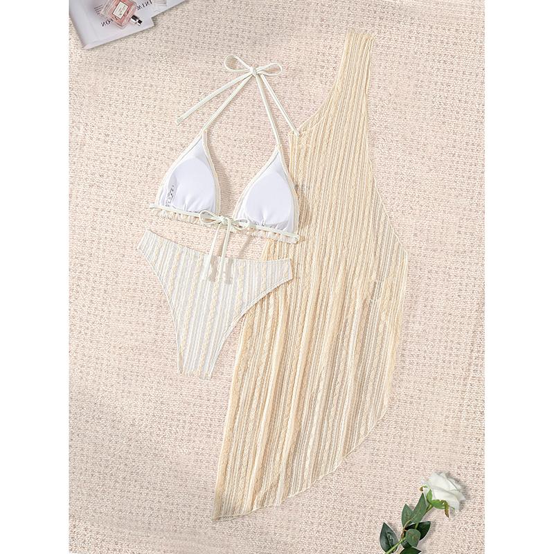 Sexy One Shoulder Knitted Cover Up 3 Piece Bikini Set Women Push Up High Waist Swimsuit Beach Bathing Suit Swimwear Biquini