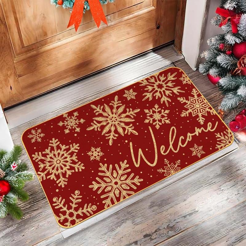 VIKAMA Winter Snowman Entry Doormat Plaid Scarf Snowflake Pattern Non Slip Mat For Porch Indoor Home Xmas Party Decoration