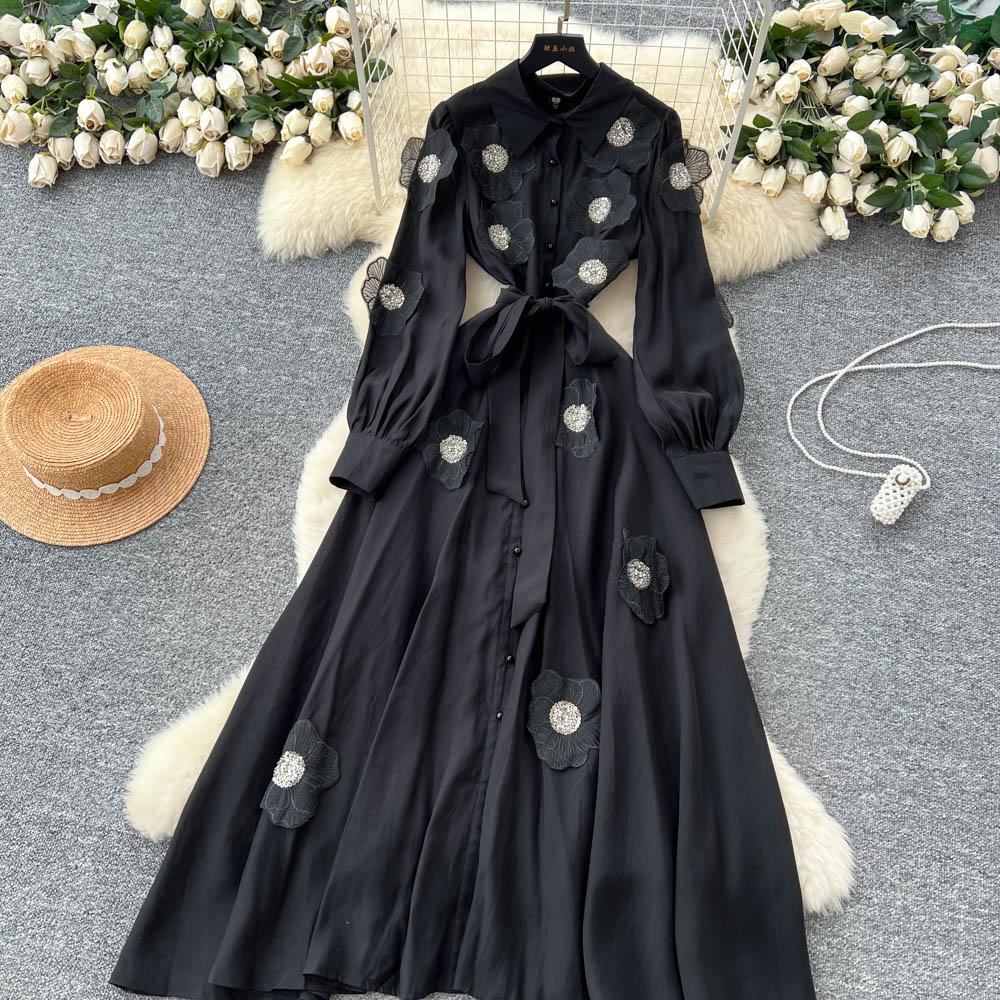 Chic Vintage Three-dimensional Single Breasted Slim Elegant Fairy Korean Fashion Boho Women Clothing Long Dress