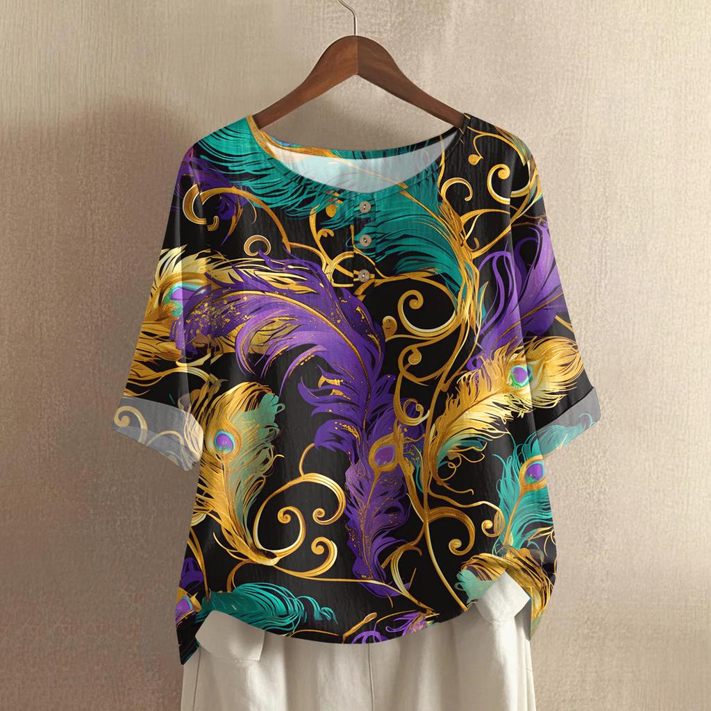 Women's Casual And Comfortable Mid-Length Round-Neck Fashion Print Cotton-Linen Top