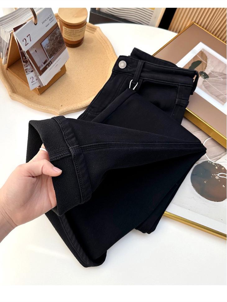 S35 Women's High-Waisted Slimming Wide-Leg Fleece Denim Pants - Black-Gray.