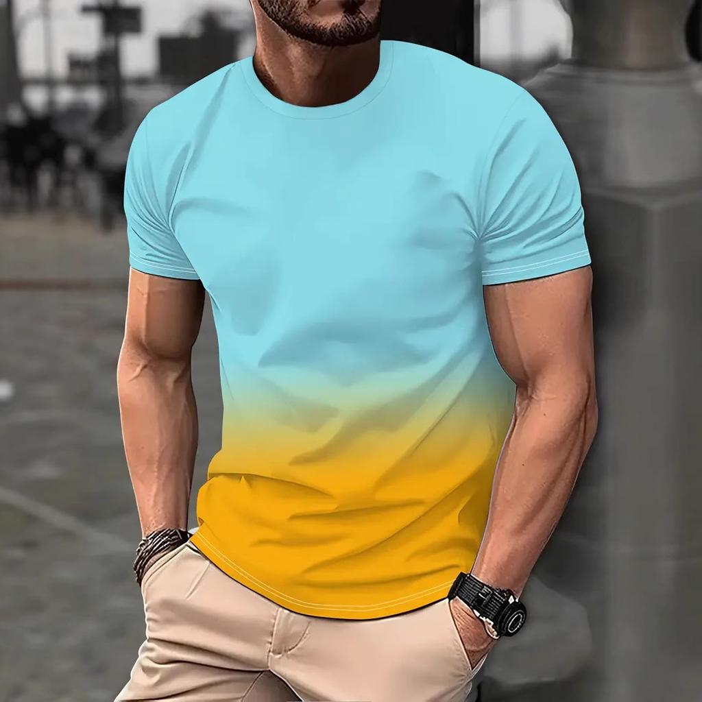 Summer Round Neck Color - Block & Striped 3D Print Top Fashionable Casual Short Sleeved Men's T-shirts