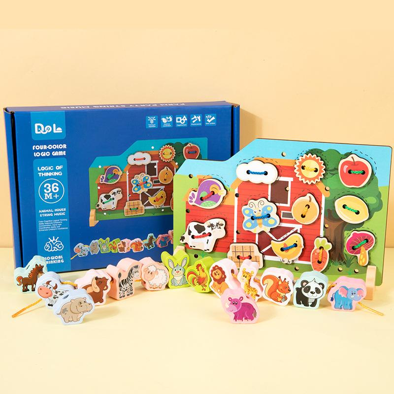 Children'S Wooden Early Education Cartoon Threading Board Animal Beaded Two-In-One Pairing Educational Cute Fun Toy