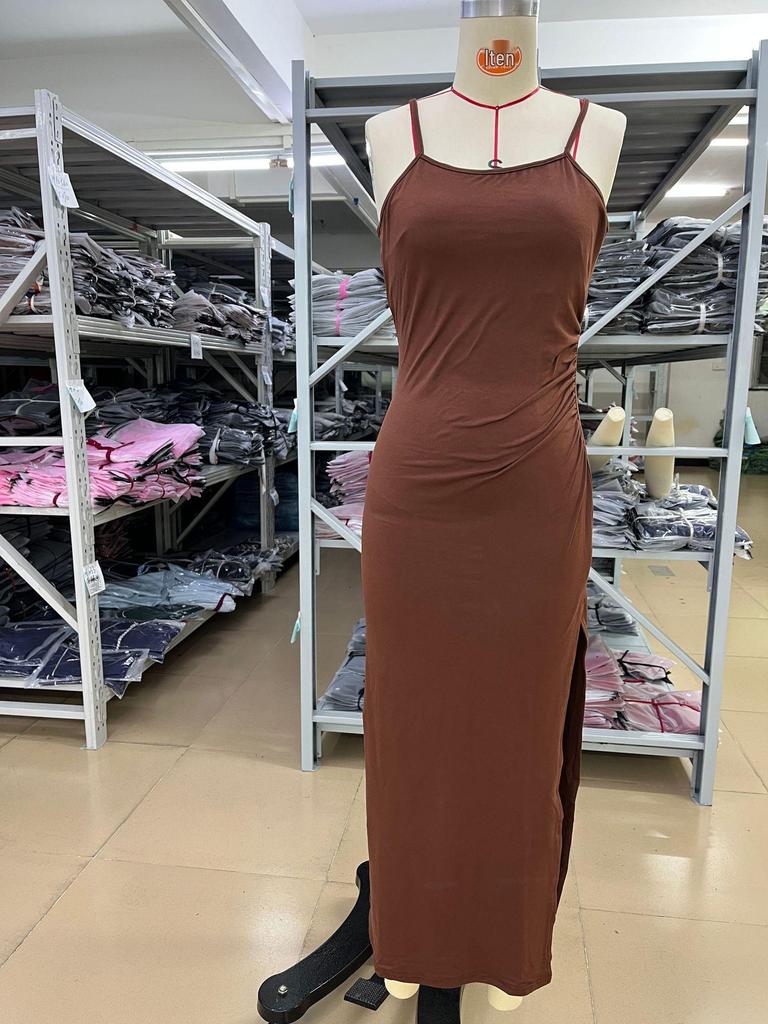 2026 European & American Style Spaghetti Strap Bodycon Dress - Waist-Cinched, Long Skirt with Sexy Slit In Solid Color.