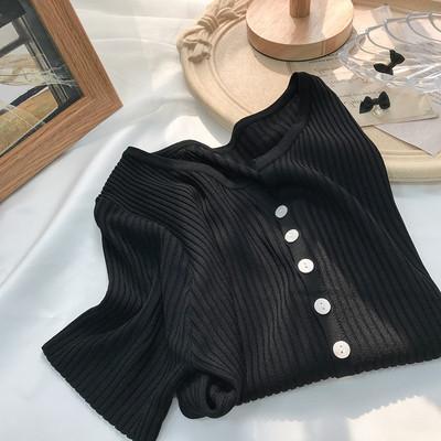 Ice silk short-sleeved t-shirt women's 1116 spring and summer thin loose V-neck button-up top short cardigan jacket knitted sweater