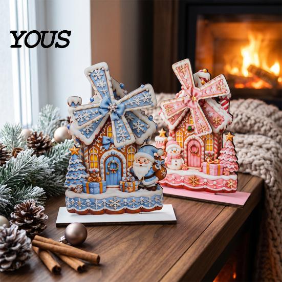 Handmade Christmas Atmosphere Props Windmill Wooden Ornament, Decorative Craft with Rotating Indoor Winter Holiday Display Blades, Figurine