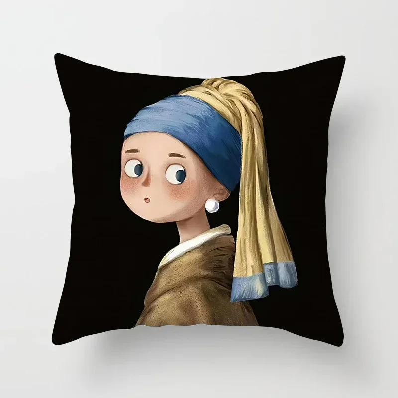 Creative Cartoon Oil Painting Mona Lisa  Gogh Cushion Cover Portrait Painting Throw Pillow Case Cojines Decorativos Para Sofa