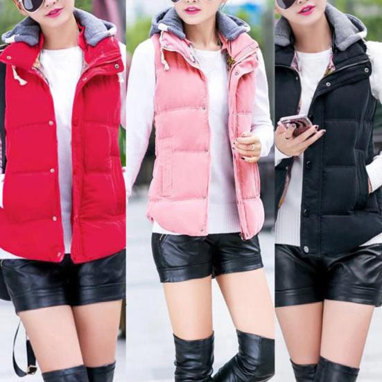 Women Casual Autumn Winter Sleeveless Warm Thicken Hooded Cotton Waistcoat Vest