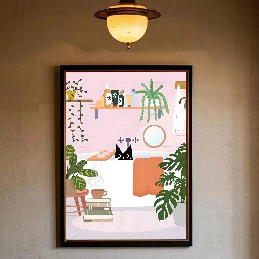 Funny Black Cat Reading Newspapers On The Toilet Canvas Print Green Pink Animal Wall Art Poster for Modern Bathroom Home Decor