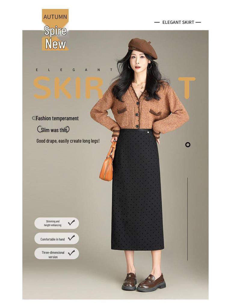 2025 Korean Grey Polka Dot Wool A-Line Skirt: Women's Autumn/Winter Straight Cut, Mid-Length with Back Slit