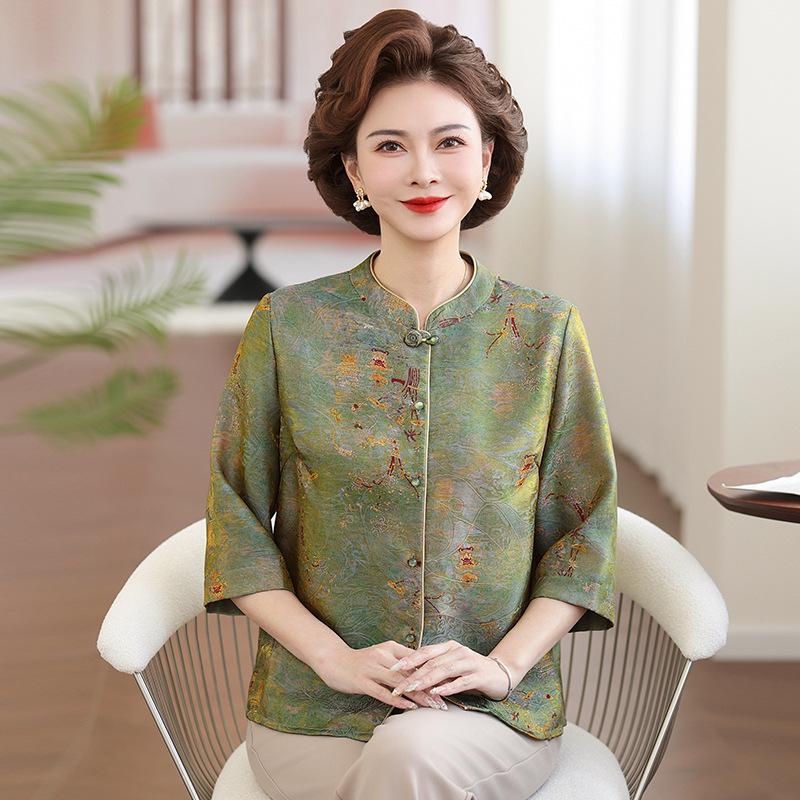

Women s Mid-Aged & Elderly 7-Sleeve Frog Button Shirt - New Chinese Style Spring/Summer Cardigan with Printed Top 2XL (Recommended 55-60 kg) зелений