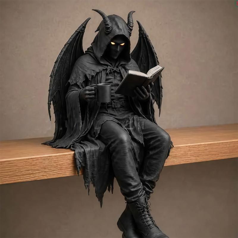 Dark Fantasy Reading Figurine Resin Shelf Sitter Statue for Bookshelf and Desk Display, Open Book Accent Figure