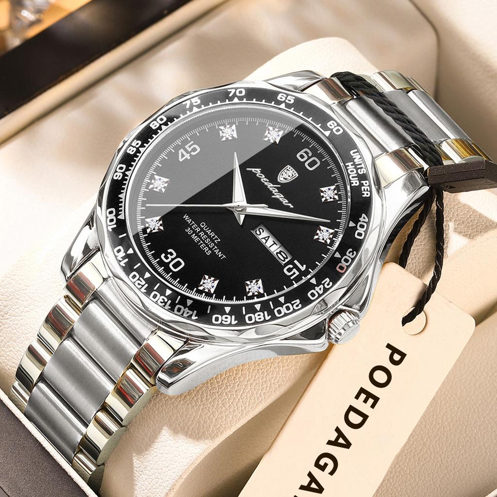 POEDAGAR Fashion Luxury Man Clock Waterproof Luminous Date Week Wristwatch Stainless Steel Quartz Business Watches for Men