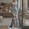 Floor Length Dress Women Skeleton Print Maxi Dress, Gothic Long Sleeve with Evening 3D Flower Decor, Velvet Floral for Halloween Costume Party