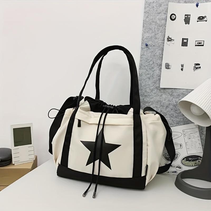 Fashion-Forward Star Pattern Colorblock Shoulder Bag Stylish Drawstring Closure for Casual Chic - Adjustable, Multipurpose Design Ideal for School