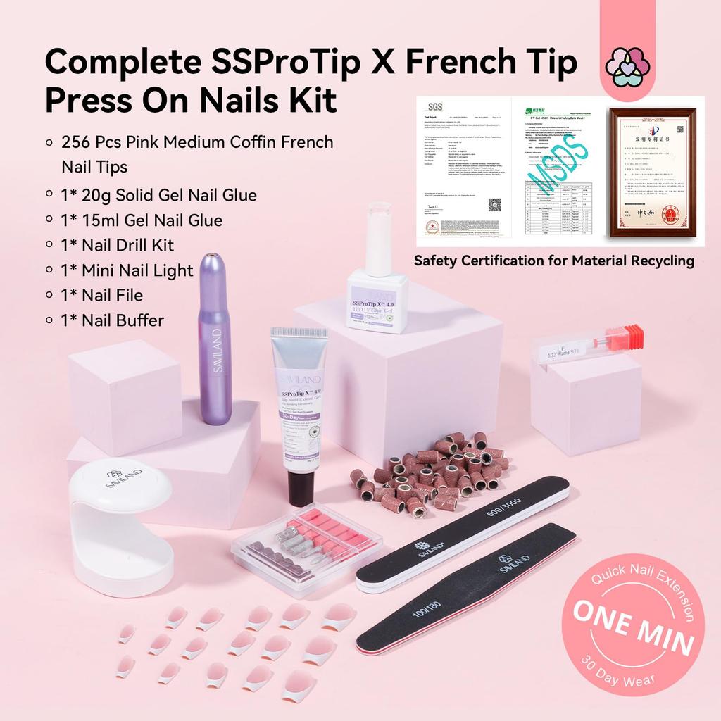 Saviland Nail Everlasting Gel Nail Pink Medium Coffin Nail Full Soft Gel Fake Solid Nail Glue UV Nail French Tip Home DIY 256-Piece Press-On Kit
