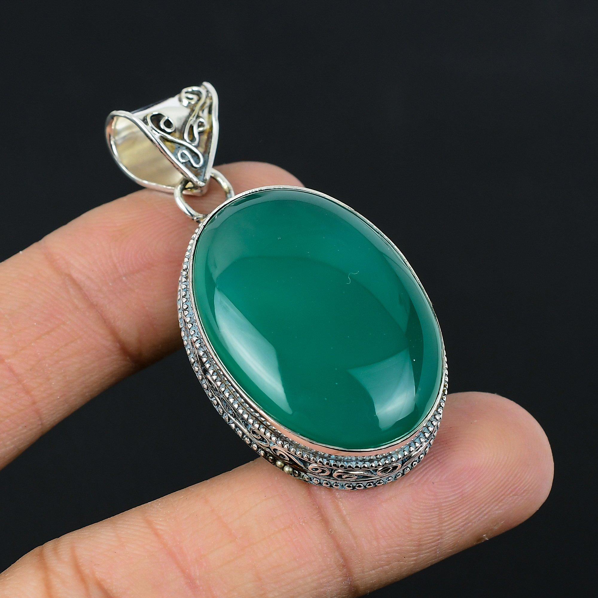 925 Sterling Silver Green Onyx Gemstone Wife Anniversary Wedding Pendant Jewelry