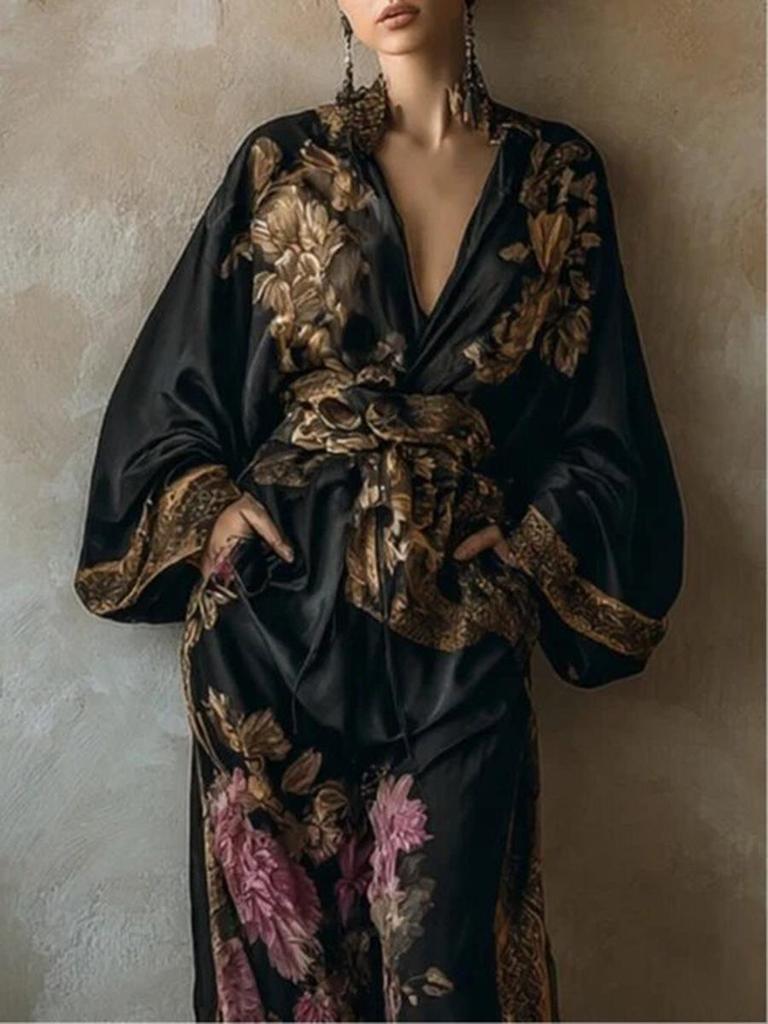 Spring/Summer 2026 Retro Print Deep V Tie-up Top & Wide-leg Pants Two-piece Set for Women
