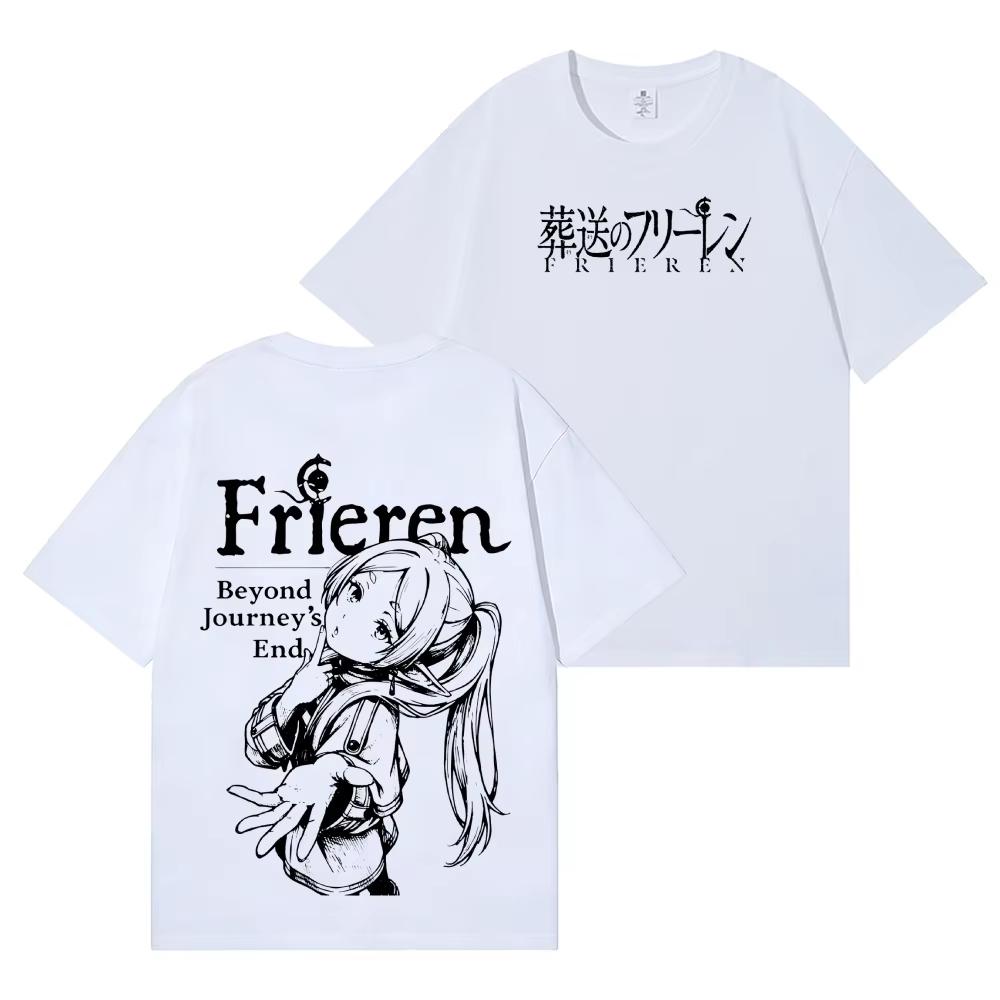 Unisex Loose Cotton Streetwear T-shirt, Double Sided Print Anime Elf Frieren Graphic from Frieren Beyond Journey s End T-shirt 4XL