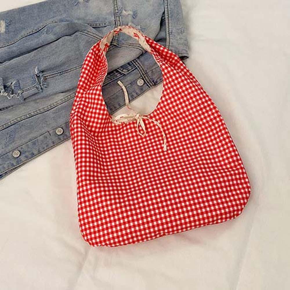 Sweet Plaid Nylon Vest Pouch Lace Decoration Tote Bag Simple Women Bow Printed Handbag  Storage