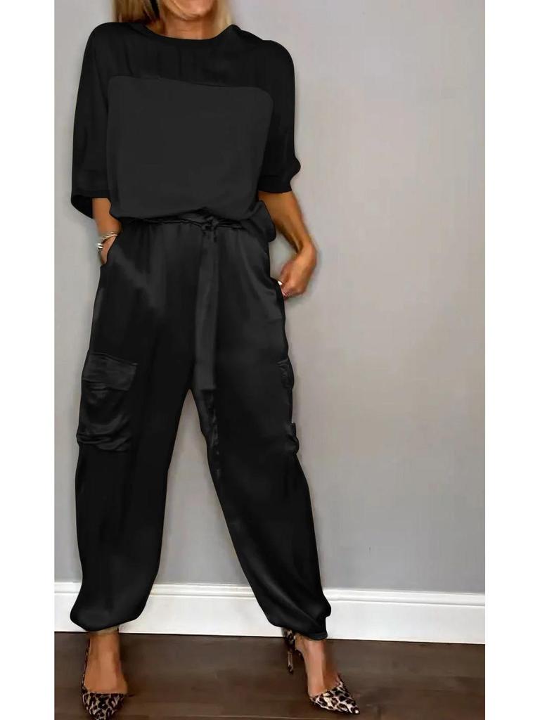 2024 European & American Women's Satin Half-Sleeve Top and Pants Two-Piece Set