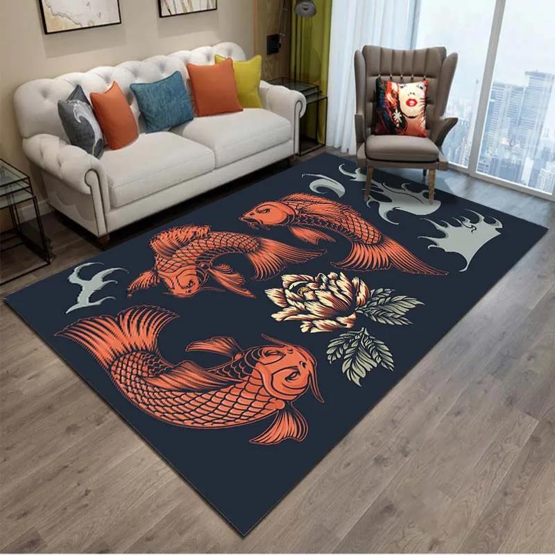 Chinesischer Koi Karpfen Tuschemalerei Glücksteppich Rosa Kirschblüten Teppich für Wohnzimmer Schlafzimmer Heimdeko Fußmatte Bodenmatten