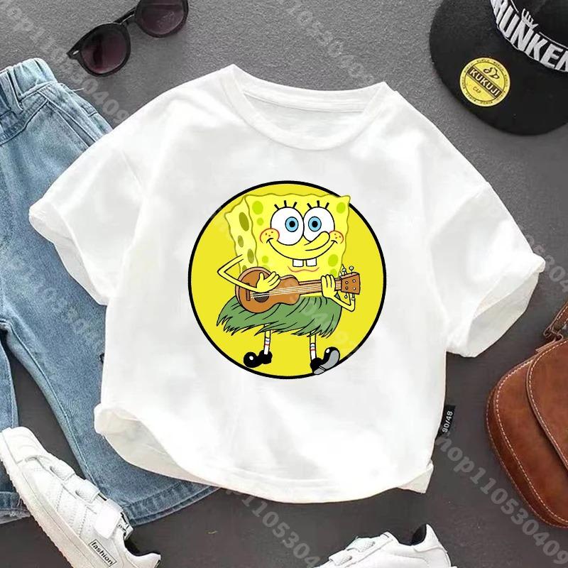 Shortsleeve Tshirt for Children of SpongeBobcotton Jersey with Anime Character Print Casual Summer Tshirts with Round Neck