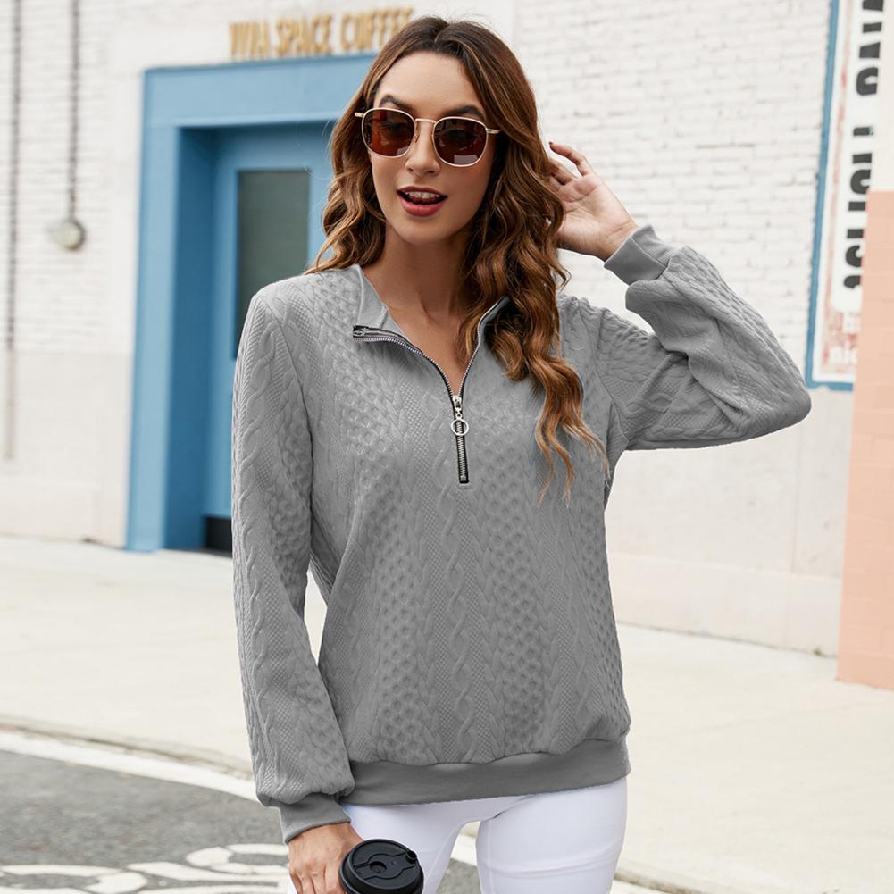 Fall Winter Women Sweatshirt Zipper Turn-down Collar Solid Color Long Sleeve Loose Twisted Texture Thick Warm Pullover Casual La