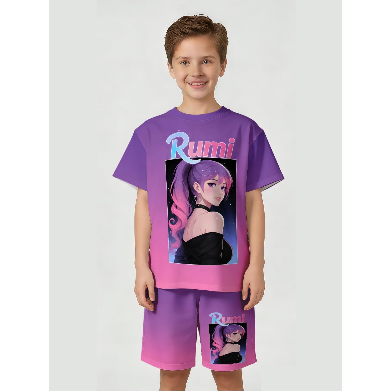 

Boys fashionable T-shirt and shorts set, gradient purple children s clothing 3D digital printing, suitable for boys daily outings 5-6 Years