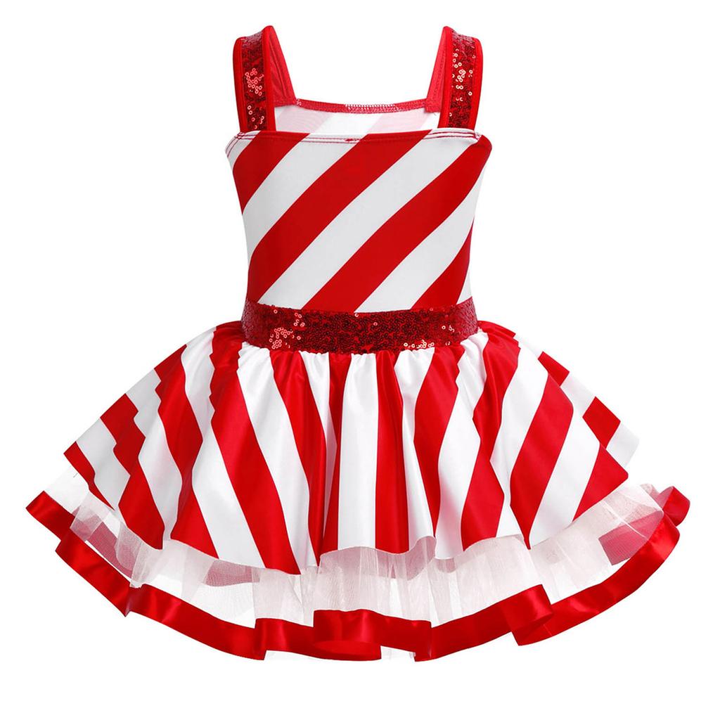 Figure Ice Skating Dress for Girls Holiday Costume Christmas Candy Cane Dress Kids Sleeveless Xmas Party Dress
