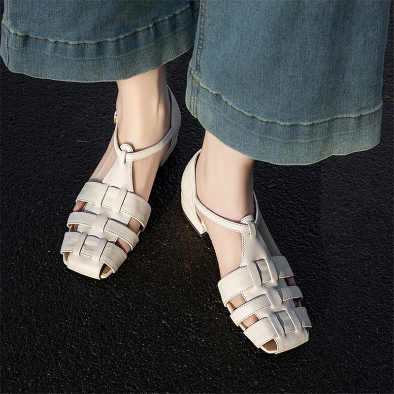 Fashion New Summer Sandals Genuine Leather Square Toe Sandals for Women Fashion Cover Toe Low Heels Sandals Ladies Shoes Gladiator Shoes