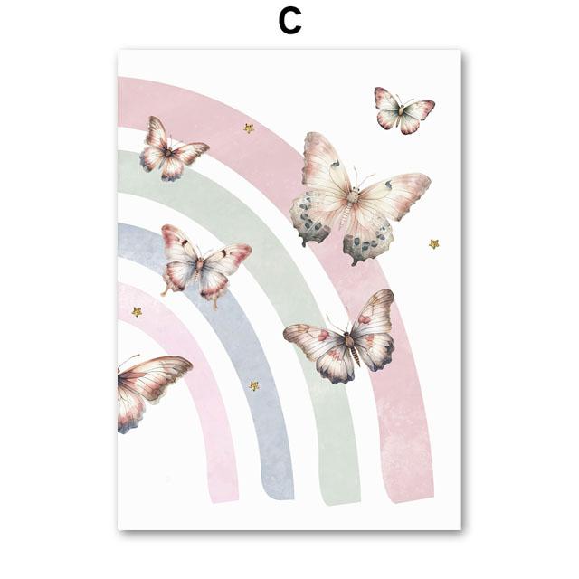 Pink Rainbow Butterfly Custom Baby Name Wall Art Nursery Canvas Prints Painting Watercolor Posters Pictures Girl Kids Room Decor