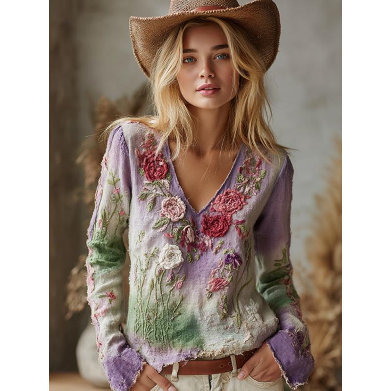 Camicetta da Donna Scollo a V Manica Lunga Vestibilità Regolare Casual Stampa Floreale Camicia Boemia