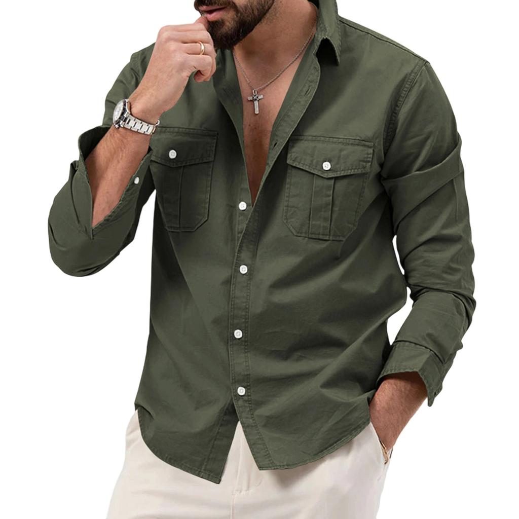 Men'S Shirt With Double Pockets, Casual Long Sleeved Top, Fashionable Cardigan