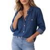 Women's Casual Denim Shirt with Notched Collar, Double Patch Pockets and Button-Front Closure