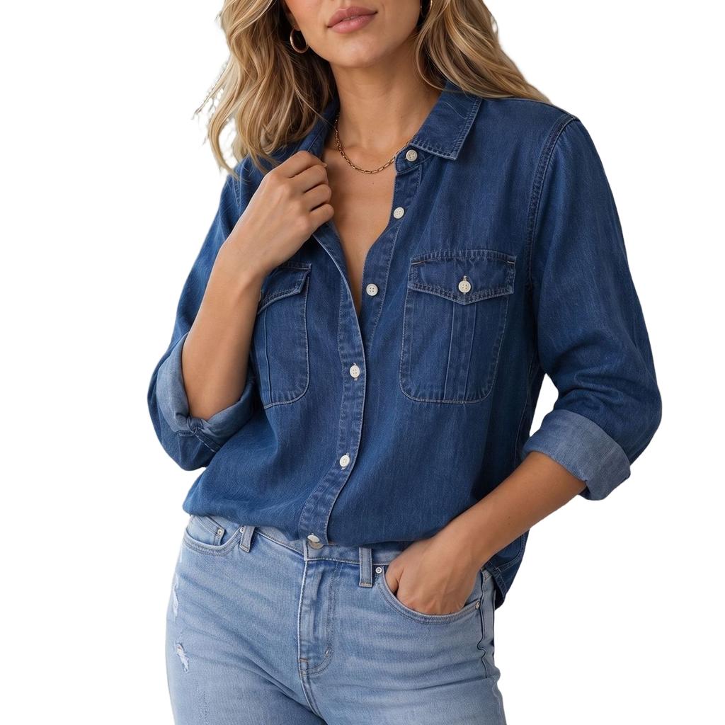 Women's Casual Denim Shirt with Notched Collar, Double Patch Pockets and Button-Front Closure