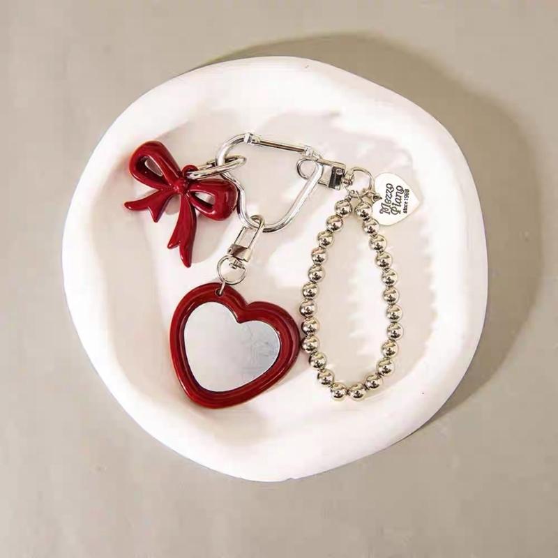 Bowknot Decorated Heart Keychain Mirror Jewelry Beauty Tool Gift For Friend Sisters Birthday Christmas Present