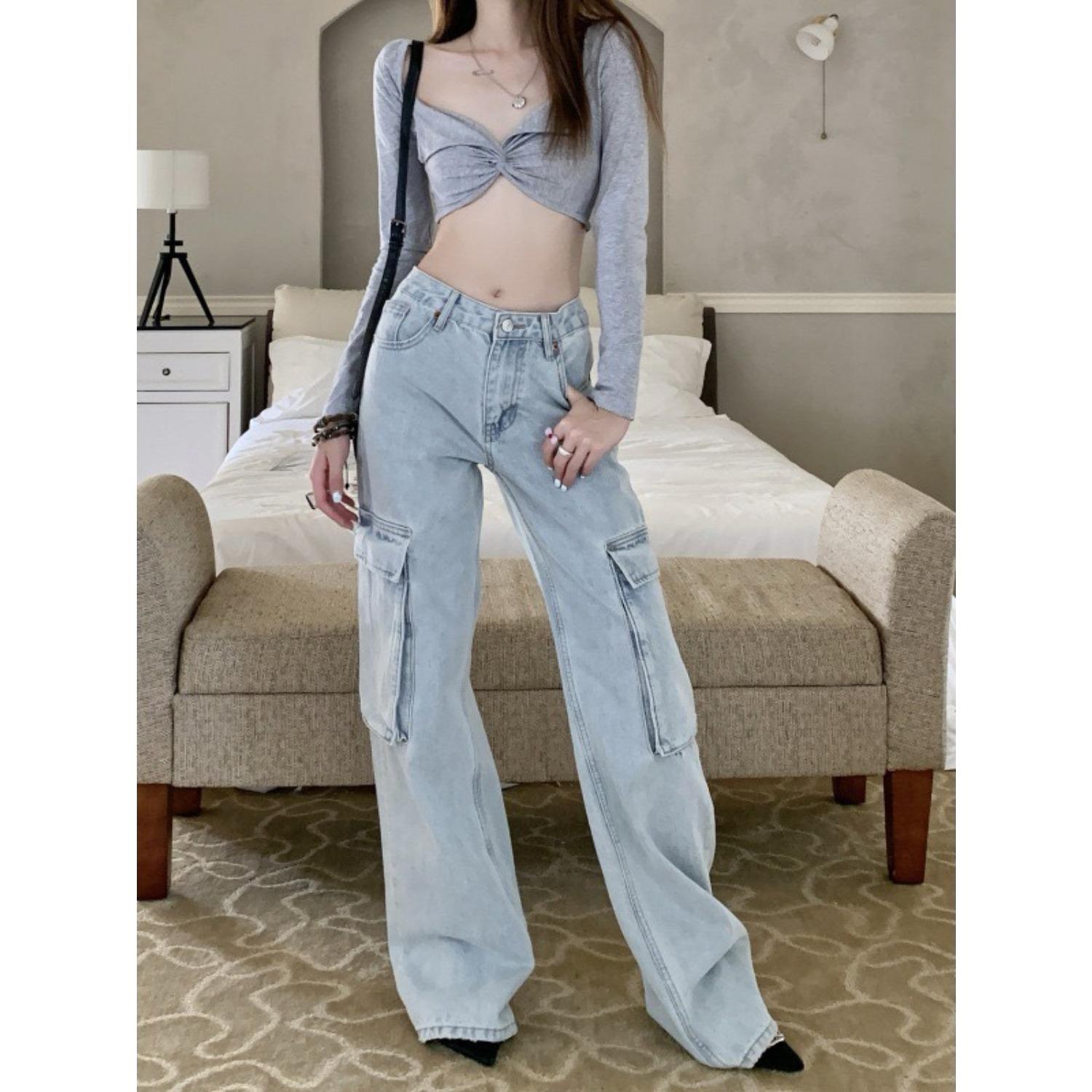 Women s Mid Rise Loose Fit Straight Leg Jeans Casual Cargo Denim Pants With Pockets S