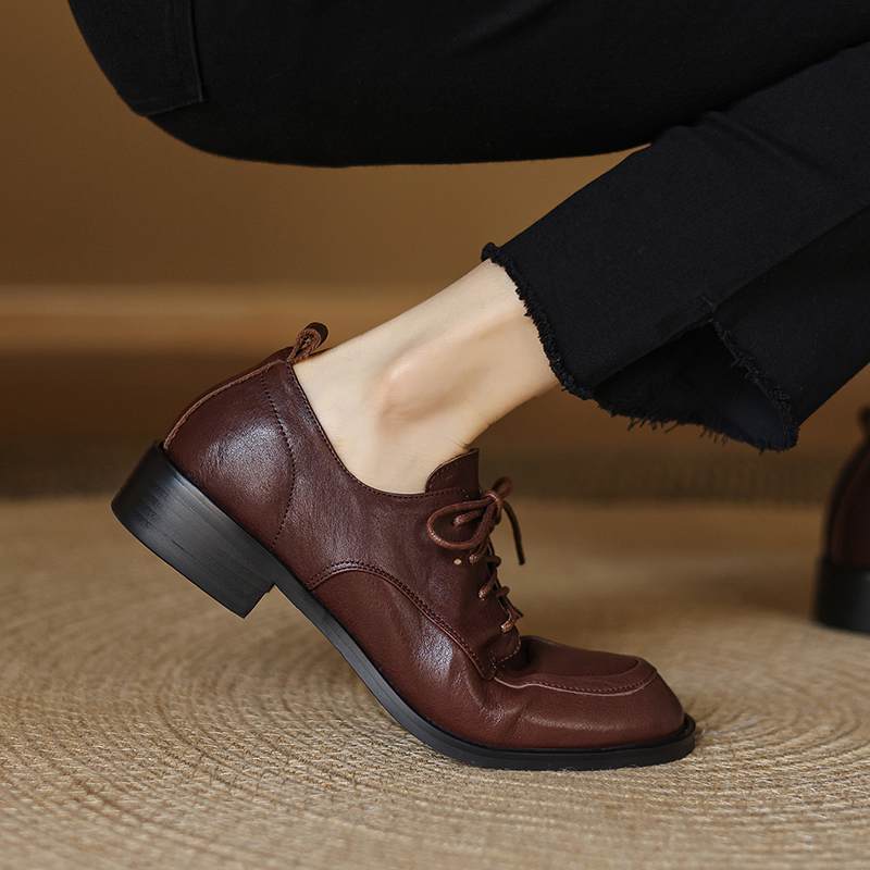 Krazing Pot Cow Skin Autumn Winter Brogues Shoes Lace Up Low Heels Size 42 Round Toe Oxford Shoes Deep Mouth Pumps