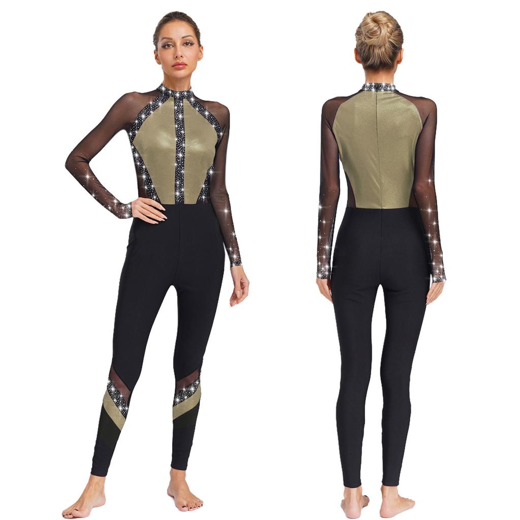 Sparkling Rhinestone Dance Leotard for Women, Full Body Long Sleeve Jumpsuit with Sheer Mesh Patchwork & Color Block Design