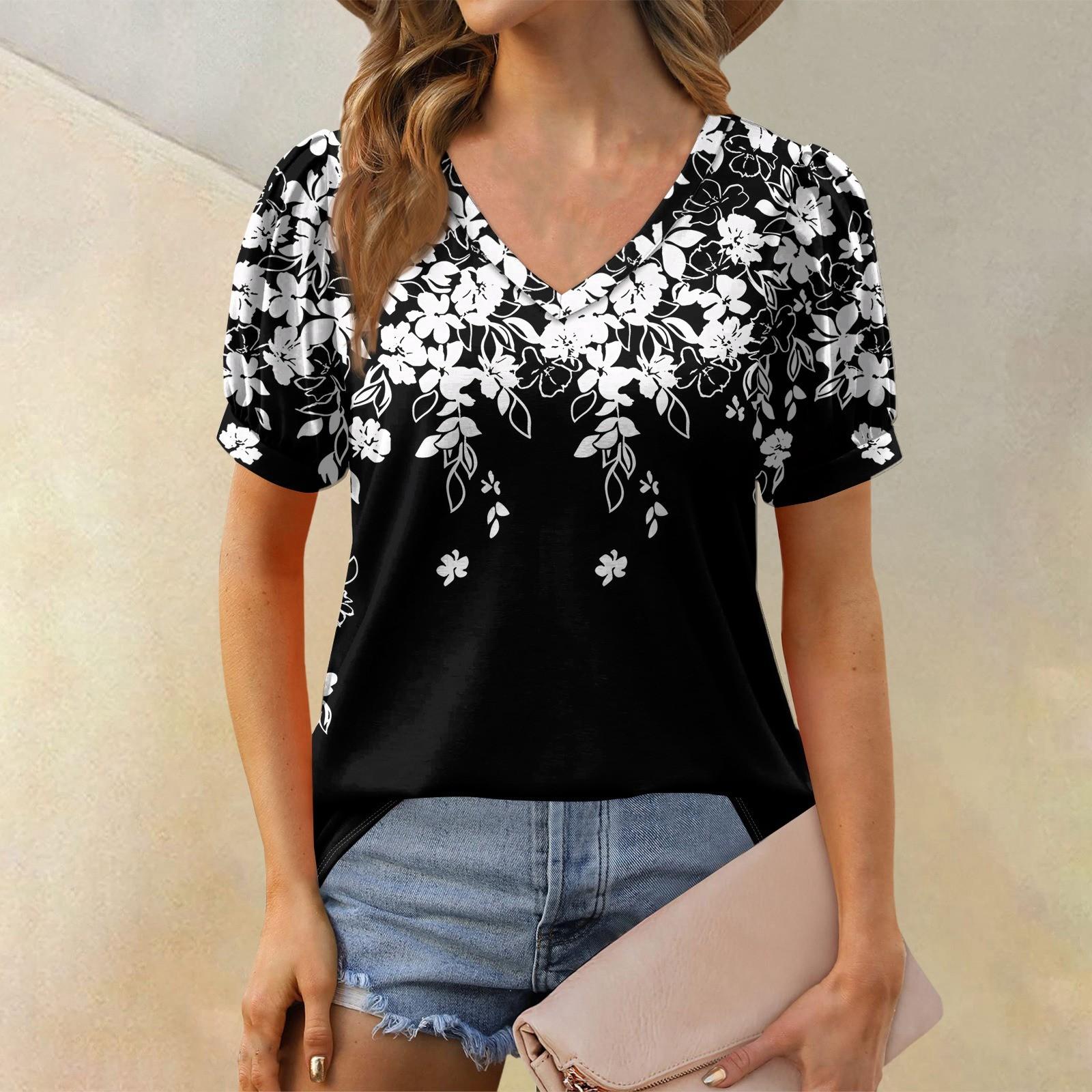 

Жіноча модна футболка з V-подібним вирізом і короткими рукавами з квітковим принтом Вільна повсякденна футболка XL чорний