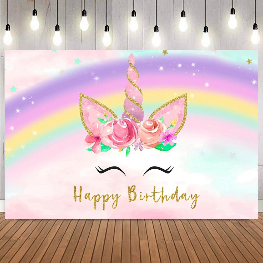 Unicorn Theme Backdrop for Girl Birthday Party Rainbow Floral Princess Baby Shower Birthday Photography Background Photo Props26