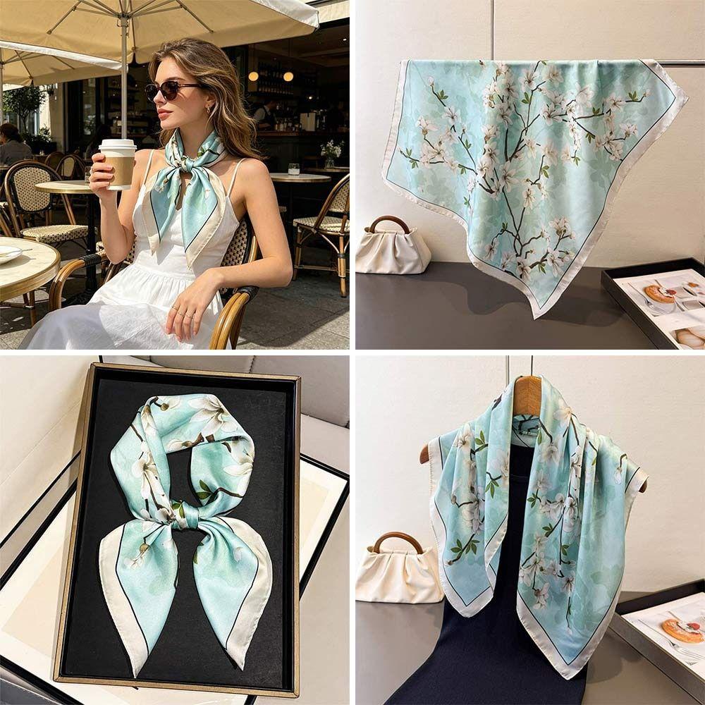 65*65cm Fashion Luxury Women Silk Scarf Square Flowers Print Hair Scarf All-Match Breathable Hijab Bandana