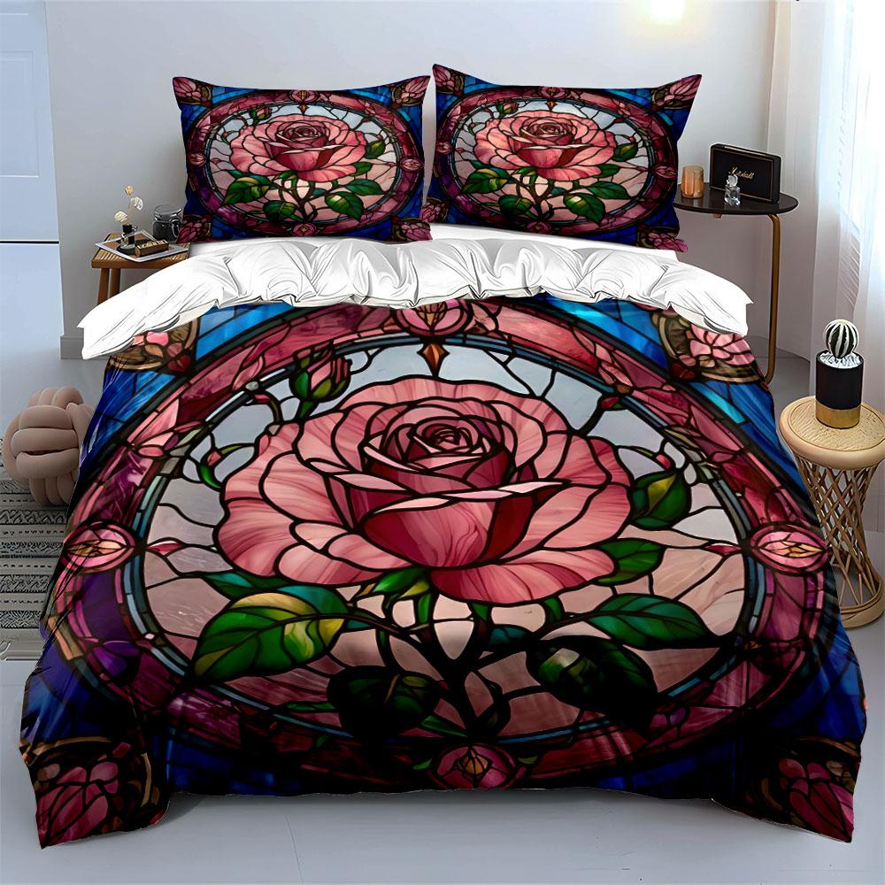 "Stained Glass Rose Decorative Set" Bedding Set with 1 Duvet Cover 2 Pillowcases Single Double King Queen, Gift