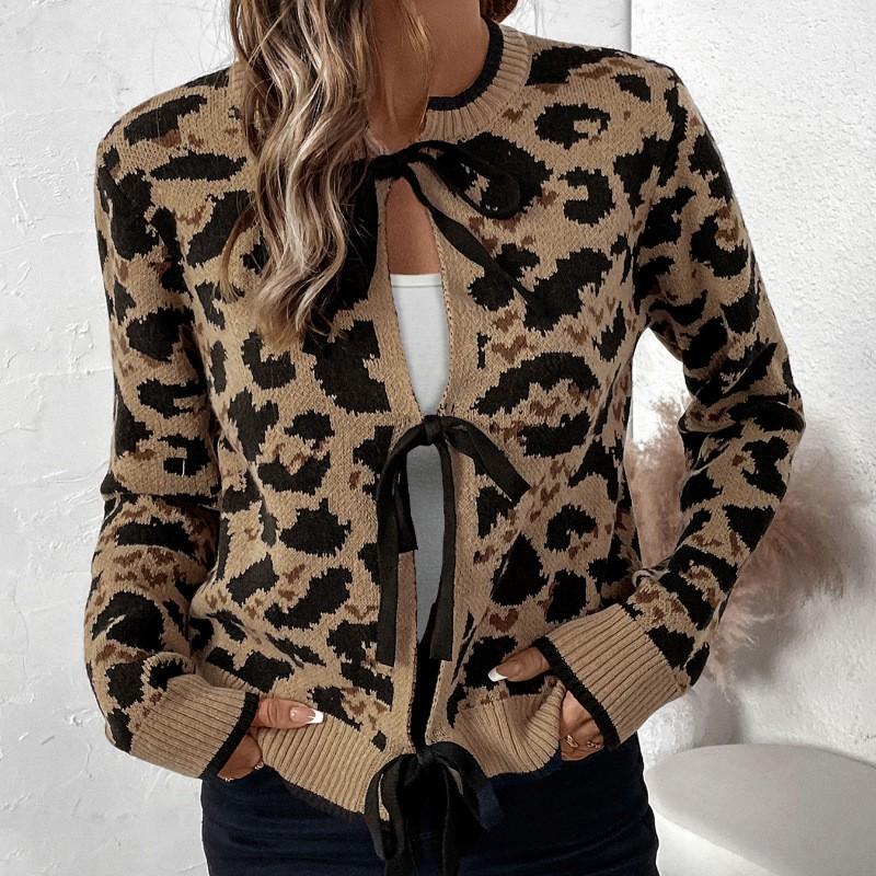 Leopard Print Bow Tie Knit Cardigan Long Sleeve Top Women Coffee Brown Street Style