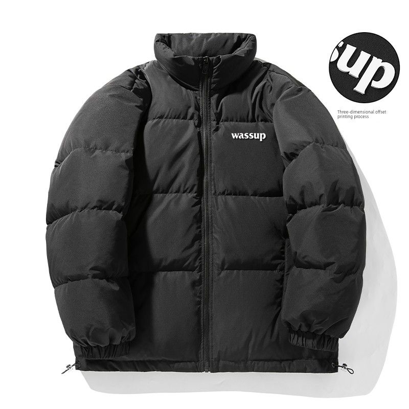 

Wassup Heods Letter Trendy Brand Thick Cotton Jacket Men s Autumn and Winter Loose Warm Couple Cardigan Top Black Cotton Jacket (Warm, Lint-Free) 3XL